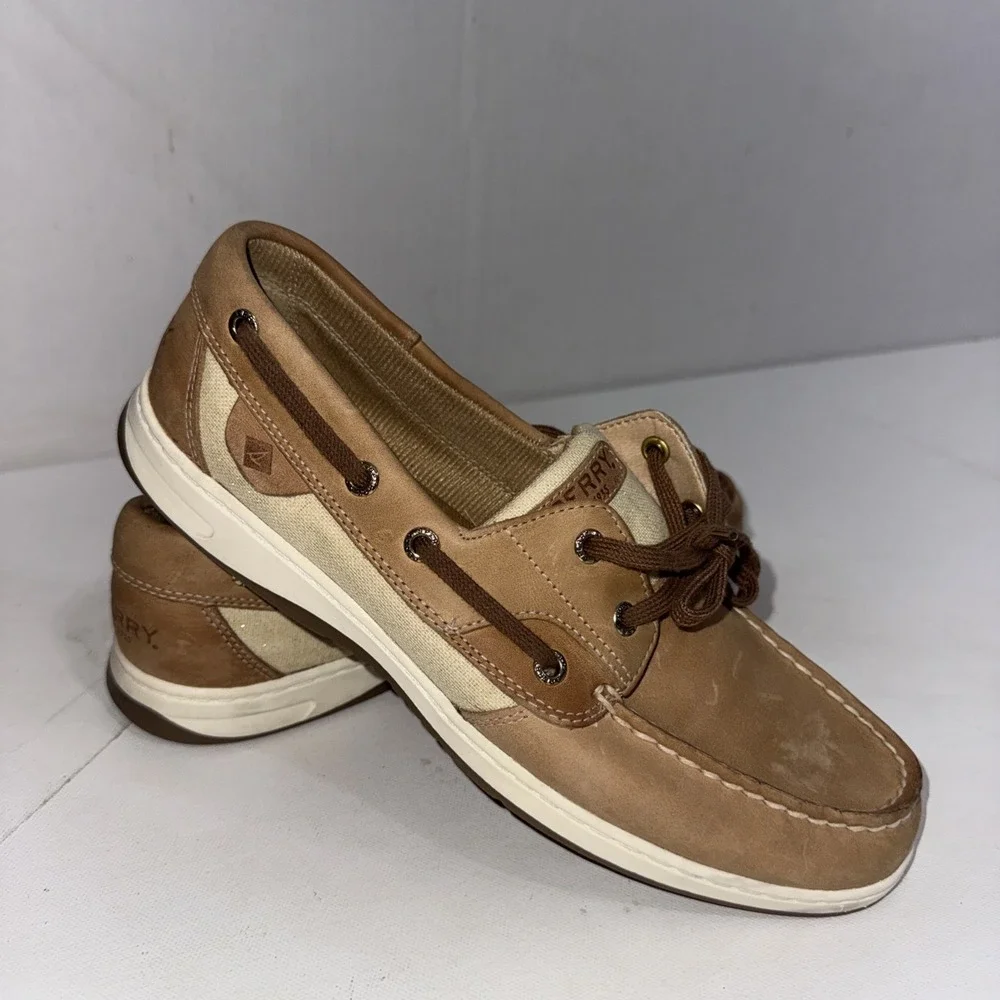 Sperry Bluefish Boat Shoes Linen Tan Old Money Classic Loafers Women's Size 10